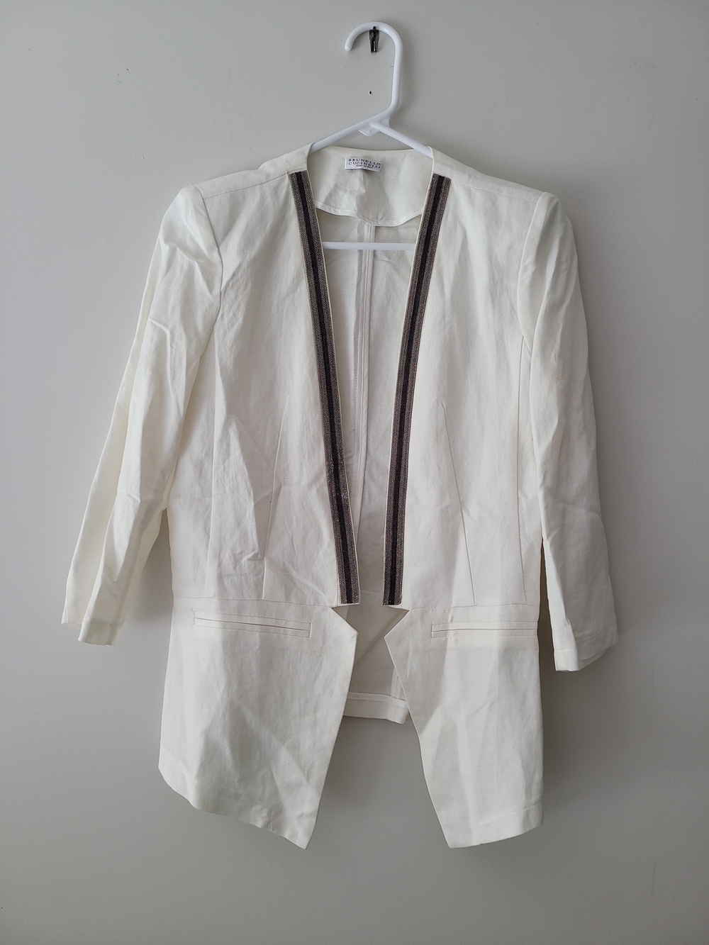 Brunello Cucinelli Cream Open-Front Blazer with Dark Trim